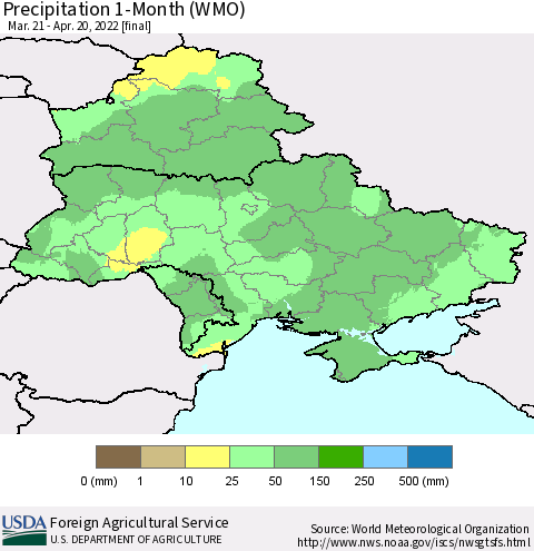 Ukraine, Moldova and Belarus Precipitation 1-Month (WMO) Thematic Map For 3/21/2022 - 4/20/2022