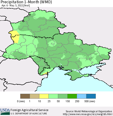 Ukraine, Moldova and Belarus Precipitation 1-Month (WMO) Thematic Map For 4/6/2022 - 5/5/2022