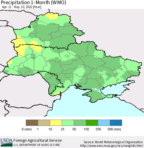 Ukraine, Moldova and Belarus Precipitation 1-Month (WMO) Thematic Map For 4/11/2022 - 5/10/2022