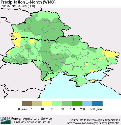 Ukraine, Moldova and Belarus Precipitation 1-Month (WMO) Thematic Map For 4/16/2022 - 5/15/2022