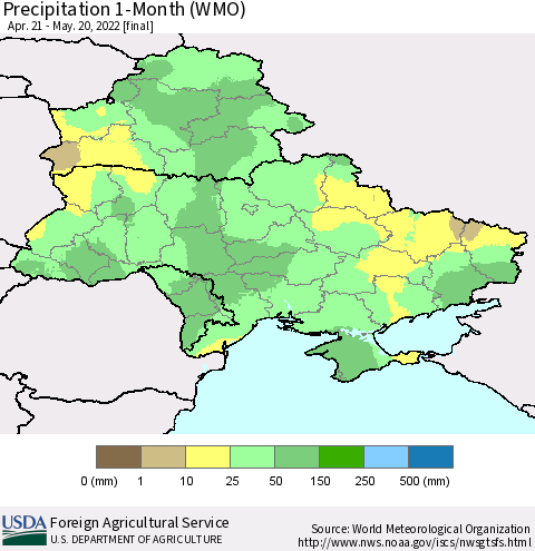 Ukraine, Moldova and Belarus Precipitation 1-Month (WMO) Thematic Map For 4/21/2022 - 5/20/2022