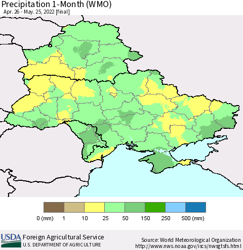 Ukraine, Moldova and Belarus Precipitation 1-Month (WMO) Thematic Map For 4/26/2022 - 5/25/2022