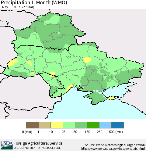 Ukraine, Moldova and Belarus Precipitation 1-Month (WMO) Thematic Map For 5/1/2022 - 5/31/2022