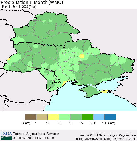 Ukraine, Moldova and Belarus Precipitation 1-Month (WMO) Thematic Map For 5/6/2022 - 6/5/2022