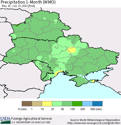 Ukraine, Moldova and Belarus Precipitation 1-Month (WMO) Thematic Map For 5/16/2022 - 6/15/2022