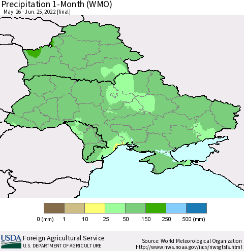 Ukraine, Moldova and Belarus Precipitation 1-Month (WMO) Thematic Map For 5/26/2022 - 6/25/2022