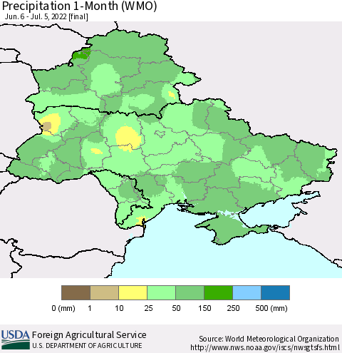Ukraine, Moldova and Belarus Precipitation 1-Month (WMO) Thematic Map For 6/6/2022 - 7/5/2022