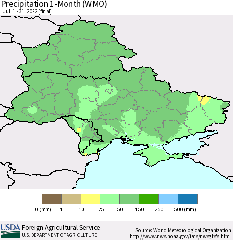 Ukraine, Moldova and Belarus Precipitation 1-Month (WMO) Thematic Map For 7/1/2022 - 7/31/2022