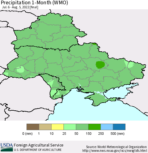 Ukraine, Moldova and Belarus Precipitation 1-Month (WMO) Thematic Map For 7/6/2022 - 8/5/2022