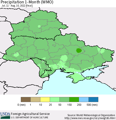 Ukraine, Moldova and Belarus Precipitation 1-Month (WMO) Thematic Map For 7/11/2022 - 8/10/2022