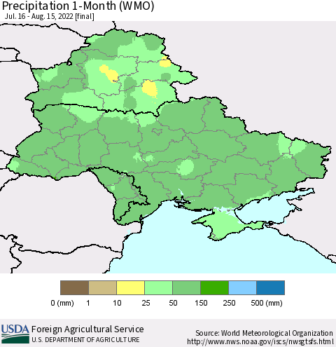Ukraine, Moldova and Belarus Precipitation 1-Month (WMO) Thematic Map For 7/16/2022 - 8/15/2022