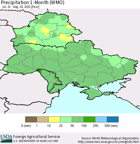 Ukraine, Moldova and Belarus Precipitation 1-Month (WMO) Thematic Map For 7/21/2022 - 8/20/2022