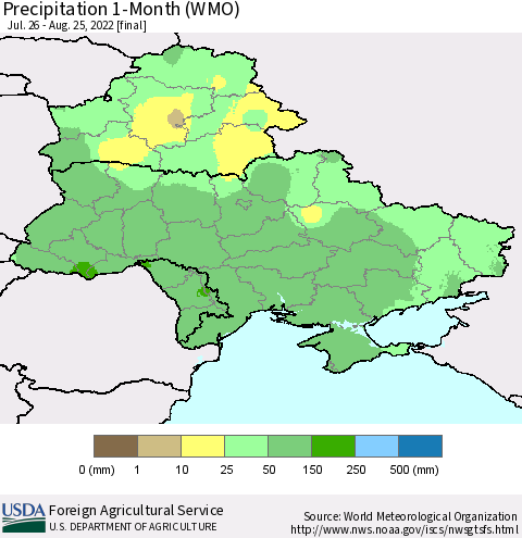 Ukraine, Moldova and Belarus Precipitation 1-Month (WMO) Thematic Map For 7/26/2022 - 8/25/2022