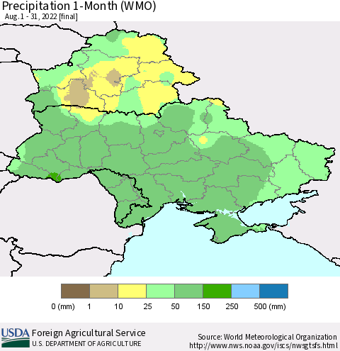 Ukraine, Moldova and Belarus Precipitation 1-Month (WMO) Thematic Map For 8/1/2022 - 8/31/2022