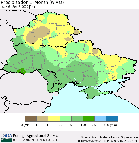 Ukraine, Moldova and Belarus Precipitation 1-Month (WMO) Thematic Map For 8/6/2022 - 9/5/2022