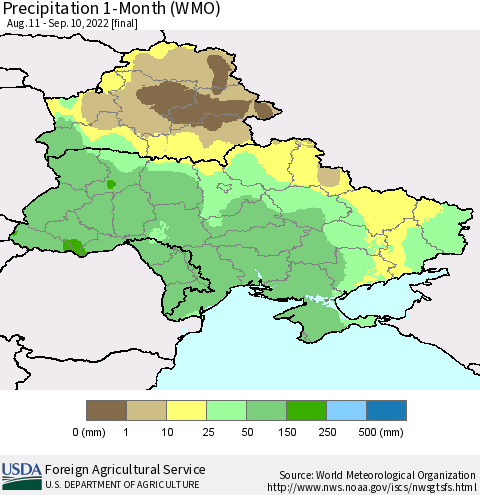 Ukraine, Moldova and Belarus Precipitation 1-Month (WMO) Thematic Map For 8/11/2022 - 9/10/2022