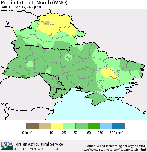 Ukraine, Moldova and Belarus Precipitation 1-Month (WMO) Thematic Map For 8/16/2022 - 9/15/2022