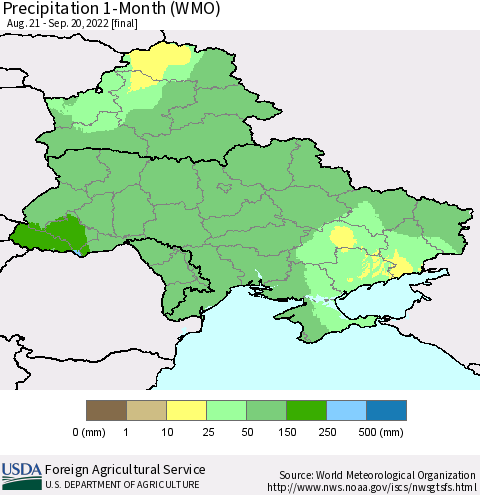 Ukraine, Moldova and Belarus Precipitation 1-Month (WMO) Thematic Map For 8/21/2022 - 9/20/2022