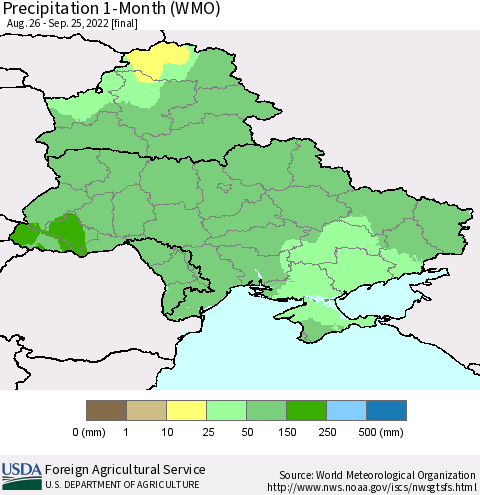 Ukraine, Moldova and Belarus Precipitation 1-Month (WMO) Thematic Map For 8/26/2022 - 9/25/2022