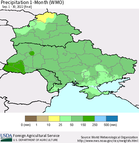 Ukraine, Moldova and Belarus Precipitation 1-Month (WMO) Thematic Map For 9/1/2022 - 9/30/2022