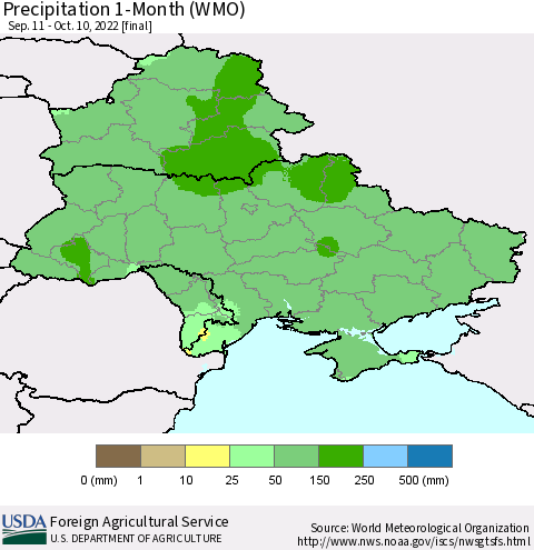 Ukraine, Moldova and Belarus Precipitation 1-Month (WMO) Thematic Map For 9/11/2022 - 10/10/2022