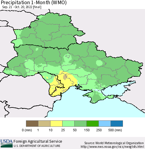 Ukraine, Moldova and Belarus Precipitation 1-Month (WMO) Thematic Map For 9/21/2022 - 10/20/2022
