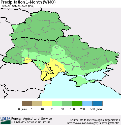 Ukraine, Moldova and Belarus Precipitation 1-Month (WMO) Thematic Map For 9/26/2022 - 10/25/2022