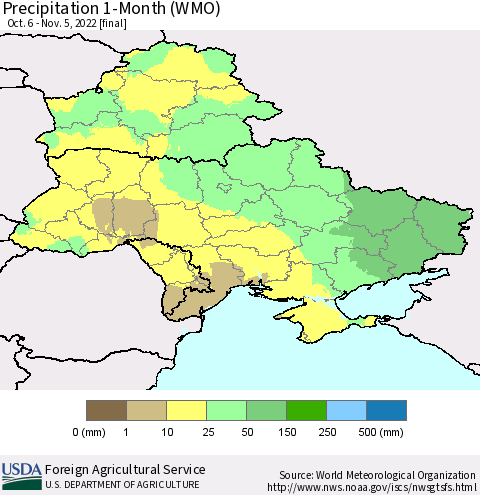 Ukraine, Moldova and Belarus Precipitation 1-Month (WMO) Thematic Map For 10/6/2022 - 11/5/2022