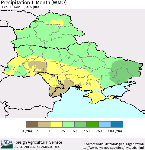 Ukraine, Moldova and Belarus Precipitation 1-Month (WMO) Thematic Map For 10/11/2022 - 11/10/2022