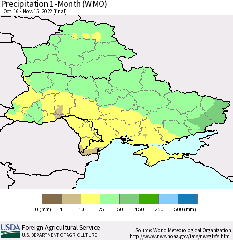 Ukraine, Moldova and Belarus Precipitation 1-Month (WMO) Thematic Map For 10/16/2022 - 11/15/2022