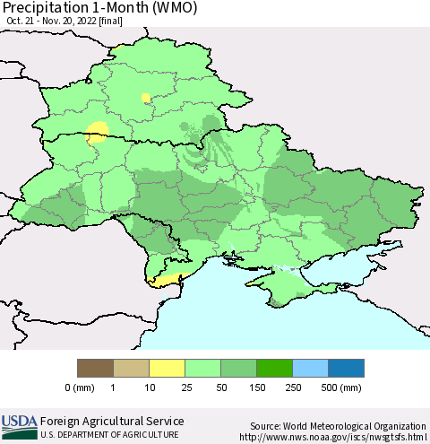 Ukraine, Moldova and Belarus Precipitation 1-Month (WMO) Thematic Map For 10/21/2022 - 11/20/2022