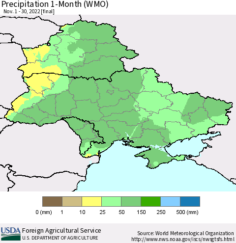 Ukraine, Moldova and Belarus Precipitation 1-Month (WMO) Thematic Map For 11/1/2022 - 11/30/2022