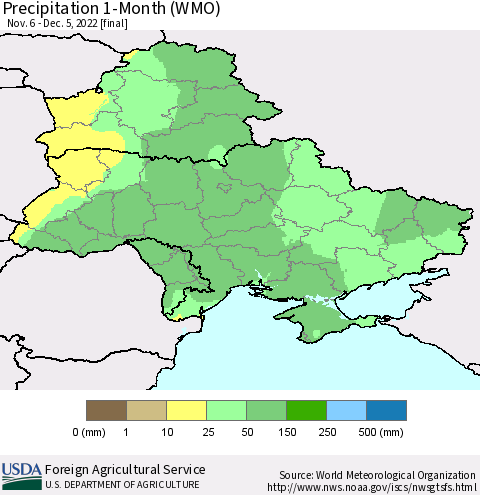 Ukraine, Moldova and Belarus Precipitation 1-Month (WMO) Thematic Map For 11/6/2022 - 12/5/2022