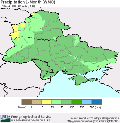 Ukraine, Moldova and Belarus Precipitation 1-Month (WMO) Thematic Map For 11/11/2022 - 12/10/2022
