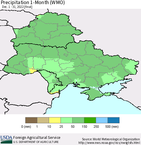 Ukraine, Moldova and Belarus Precipitation 1-Month (WMO) Thematic Map For 12/1/2022 - 12/31/2022