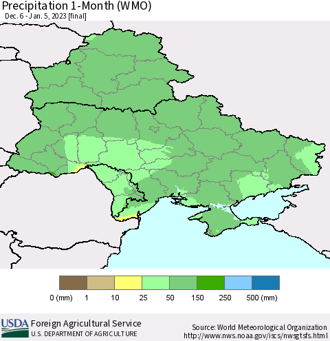 Ukraine, Moldova and Belarus Precipitation 1-Month (WMO) Thematic Map For 12/6/2022 - 1/5/2023