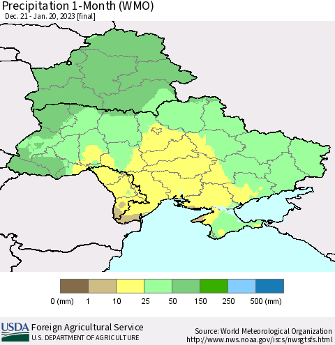 Ukraine, Moldova and Belarus Precipitation 1-Month (WMO) Thematic Map For 12/21/2022 - 1/20/2023