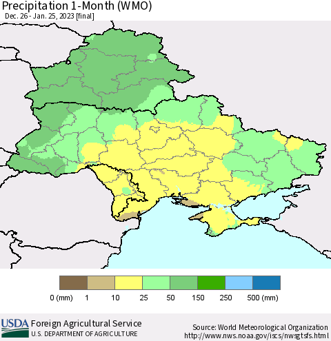 Ukraine, Moldova and Belarus Precipitation 1-Month (WMO) Thematic Map For 12/26/2022 - 1/25/2023