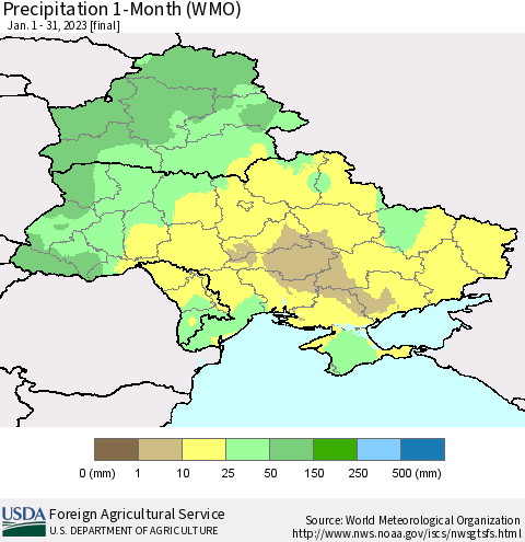Ukraine, Moldova and Belarus Precipitation 1-Month (WMO) Thematic Map For 1/1/2023 - 1/31/2023