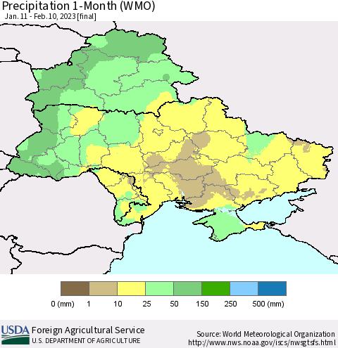 Ukraine, Moldova and Belarus Precipitation 1-Month (WMO) Thematic Map For 1/11/2023 - 2/10/2023
