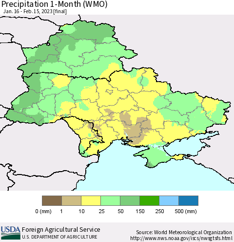 Ukraine, Moldova and Belarus Precipitation 1-Month (WMO) Thematic Map For 1/16/2023 - 2/15/2023