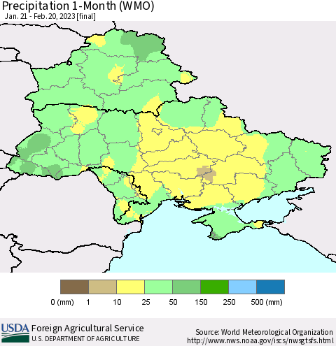 Ukraine, Moldova and Belarus Precipitation 1-Month (WMO) Thematic Map For 1/21/2023 - 2/20/2023