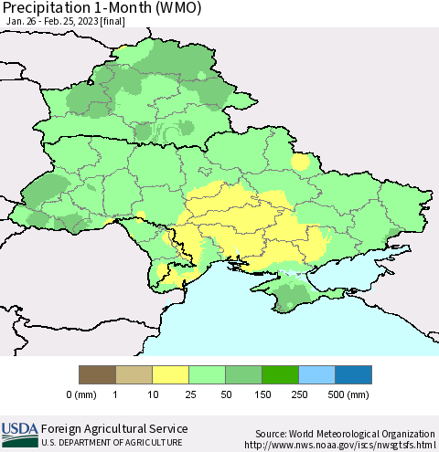 Ukraine, Moldova and Belarus Precipitation 1-Month (WMO) Thematic Map For 1/26/2023 - 2/25/2023