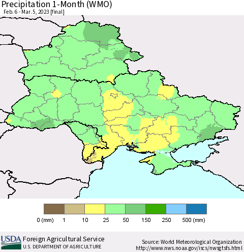 Ukraine, Moldova and Belarus Precipitation 1-Month (WMO) Thematic Map For 2/6/2023 - 3/5/2023