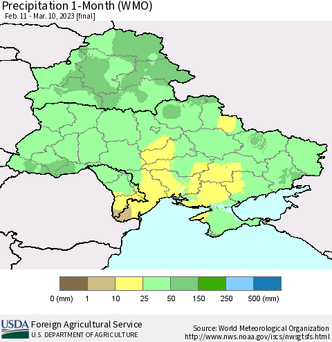 Ukraine, Moldova and Belarus Precipitation 1-Month (WMO) Thematic Map For 2/11/2023 - 3/10/2023