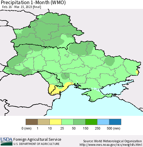 Ukraine, Moldova and Belarus Precipitation 1-Month (WMO) Thematic Map For 2/16/2023 - 3/15/2023