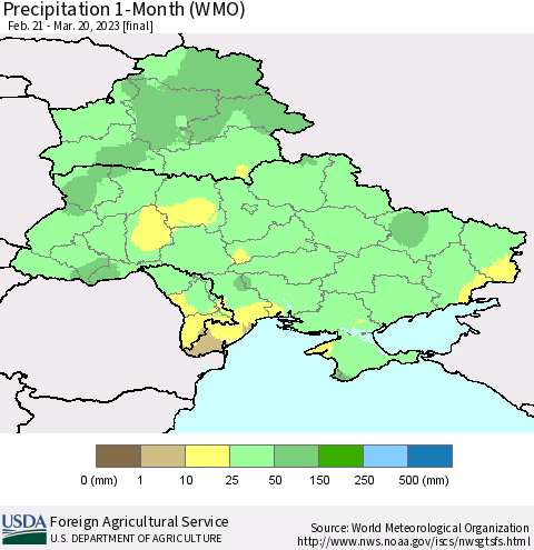 Ukraine, Moldova and Belarus Precipitation 1-Month (WMO) Thematic Map For 2/21/2023 - 3/20/2023
