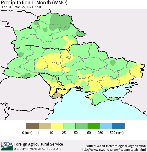 Ukraine, Moldova and Belarus Precipitation 1-Month (WMO) Thematic Map For 2/26/2023 - 3/25/2023