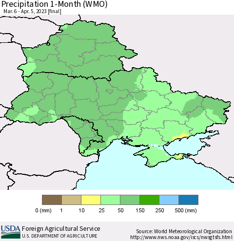 Ukraine, Moldova and Belarus Precipitation 1-Month (WMO) Thematic Map For 3/6/2023 - 4/5/2023