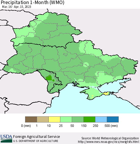 Ukraine, Moldova and Belarus Precipitation 1-Month (WMO) Thematic Map For 3/16/2023 - 4/15/2023